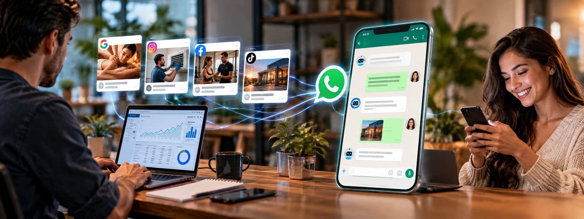 Negocio de servicios gestionando su publicidad digital y ventas por WhatsApp